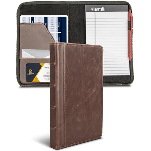 Samsill Small Vintage Portfolio / Zipper Faux Leather Portfolio, Book Style Hardback Design, Business & Interview Padfolio Organizer, 5 x 8 Writing Pad, Dark Brown