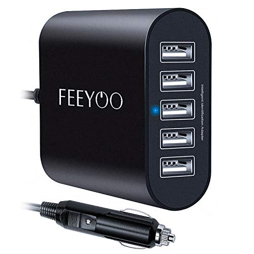 Book Cover USB Car Charger, FEEYOO 45W 5-Ports Rapide USB Car Charger (12V/24V) Multiple USB Car Charger with Smart Identification for iPhone 12/11/Xs/XR/X, iPad Pro/Air/Mini, Kindle Tablet and More, Black