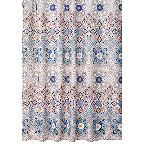 mDesign Decorative Medallion Print, Easy Care Fabric Shower Curtain with Reinforced Buttonholes, for Bathroom Showers, Stalls and Bathtubs, Machine Washable - 72" x 72", Tan/Shades of Blue