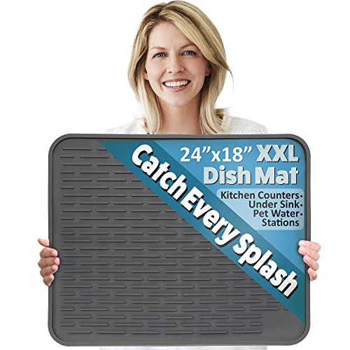 XXL Silicone Dish Drying Mat for Kitchen Counter or Under Sink, 24" x 18" Extra Large, Waterproof Pet Feeding Mat, Water Bowls, Under Drying Racks for Dishes, Coffee Bars, Bar Mats (Slate Grey)