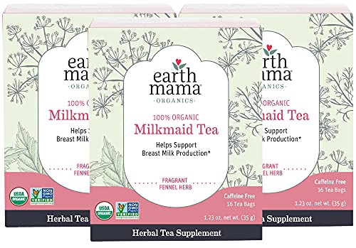 Book Cover Organic Milkmaid Tea by Earth Mama | Supports Healthy Breastmilk Production and Lactation, Herbal Breastfeeding Tea Supplement, 16 Teabags per Box (3-Pack)