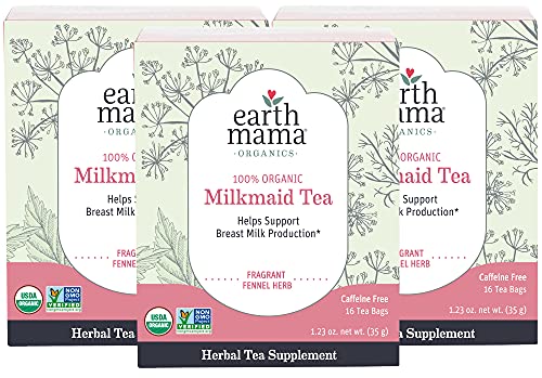 Organic Milkmaid Tea by Earth Mama | Supports Healthy Breastmilk Production and Lactation, Herbal Breastfeeding Tea Supplement, 16 Teabags per Box (3-Pack)