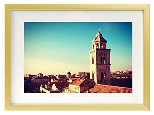 Golden State Art, Metal Wall Photo Frame Collection, Aluminum Gold Photo Frame with Ivory Color Mat for Picture & Real Glass (5x7-Table Top)