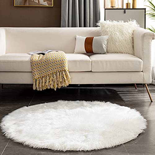 Book Cover LEEVAN Plush Sheepskin Throw Round Rug Faux Fur Elegant Chic Style Cozy Shaggy Floor Mat Area Rugs Home Decorator Super Soft Carpets Kids Play Rug Ivory White, Round 3 ft Diameter