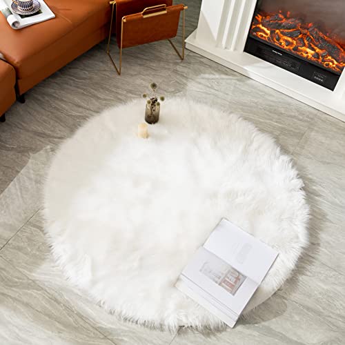 LEEVAN Plush Sheepskin Throw Round Rug Faux Fur Elegant Chic Style Cozy Shaggy Floor Mat Area Rugs Home Decorator Super Soft Carpets Kids Play Rug Ivory White, Round 3 ft Diameter