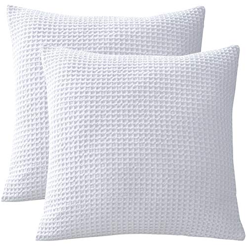 PHF 100% Cotton Waffle Textured Euro Sham, 26" x 26", Set of 2, Home Decorative Euro Throw Pillow Covers for Bed Couch Sofa, No Filling, White