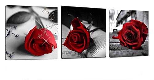 Book Cover Canvas Wall Art Red Rose Flowers on Gray Books Pictures Painting -12