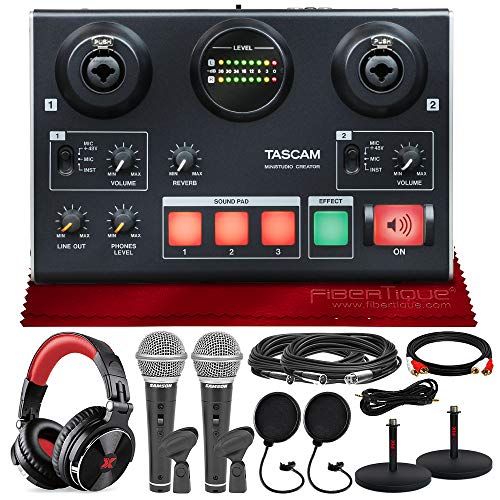 Tascam US-42 MinStudio Creator Audio Interface Podcasting W/Platinum Bundle W/Cables + 2 Samson Microphones + Headphones + Pop Filters +Goose Neck Stands + Fibertique Cleaning Cloth
