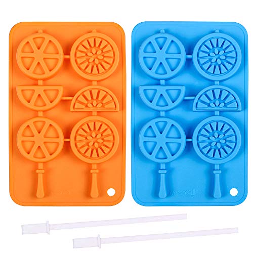 Webake Ice Cube Trays Silicone Fruit Molds, Ice Cube Popsicle Molds with Reusable Sticks, 2 Pack Giant Lollipop Mold, Fruit Shape Chocolate Candy Molds, Wax Crayon Mold