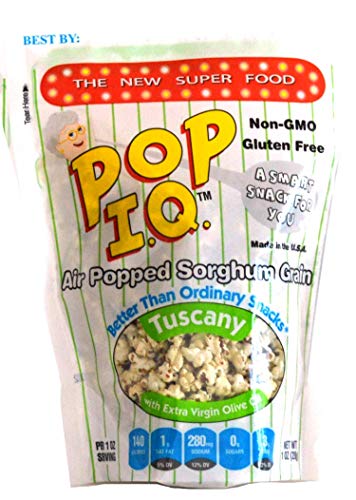 Pop I.Q. Tuscany w/Extra Virgin Olive Oil – The Best Healthy Snack – Air Popped Organic Sorghum Grain – Non-GMO, Vegan, Gluten-Free (Pack of 12 Single Servings)