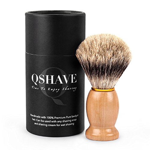 Book Cover QSHAVE 100% Best Original Pure Badger Hair Shaving Brush Handmade. Real Wood Base. Perfect for Wet Shave, Safety Razor, Double Edge Razor