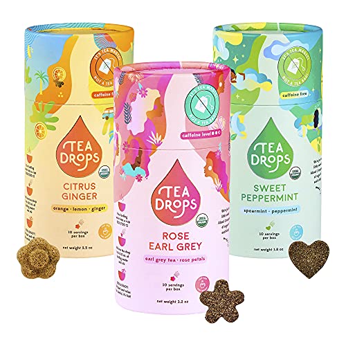 Tea Drops Organic Sweet Tea Variety Sampler Bulk Pack | Iced or Hot Instant Tea Beverage Gift Set | Includes Caffeine Free Citrus Ginger and Sweet Peppermint, with Rose Earl Grey | 10 Drops per Box