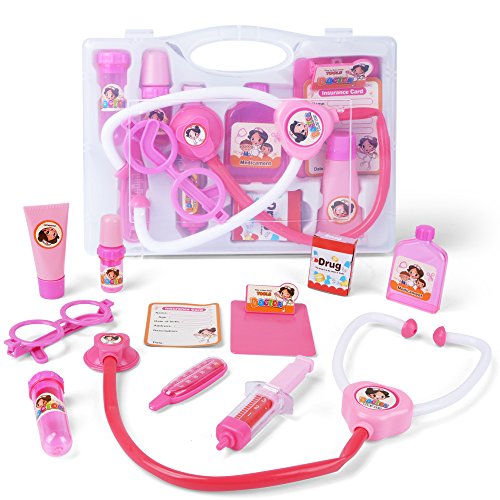AMOSTING Doctor Kit Pretend & Play Medical Toys Set with Carry Case for Kids & Girls – 10Pcs Pink