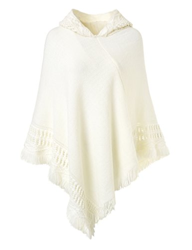 Book Cover Ferand Ladies' Hooded Cape with Fringed Hem, Crochet Poncho Knitting Patterns for Women, White