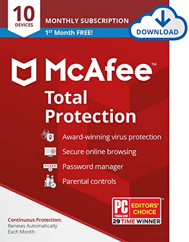 Book Cover McAfee Total Protection 2022 Antivirus Internet Security Software, 10 Device Password Manager, Parental Control, Privacy, 30 Days Free with Monthly Auto Renewal - Amazon Exclusive Subscription