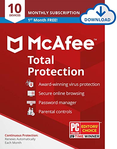 McAfee Total Protection 2022 Antivirus Internet Security Software, 10 Device Password Manager, Parental Control, Privacy, 30 Days Free with Monthly Auto Renewal - Amazon Exclusive Subscription