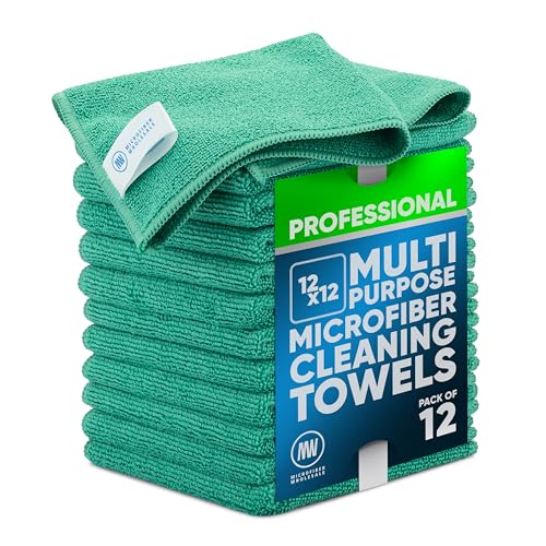 MW PRO Microfiber Cleaning Cloths (12 Pack, 12"x12", Green) - Commercial Grade Housekeeping Towels & Janitorial Rags - Lint Free & Streak Free for Windows, Glass & Auto Detailing - Washable 300+ Times
