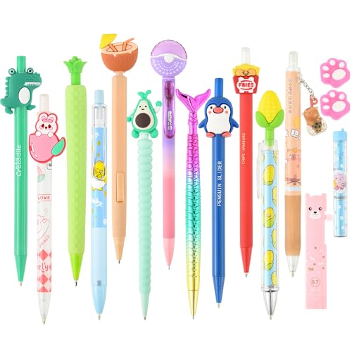 Jollin 12PCS Cute Kawaii Mechanical Pencils Set with Lead Refills and Erasers, 0.5mm & 0.7mm Point, Bulk Mechanical Pencils for Kids Girls