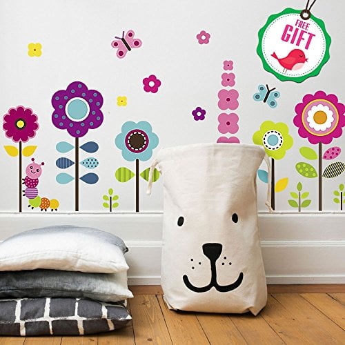 Book Cover Flower Wall Stickers for Kids - Floral Garden Wall Decals for Girls Room - Removable Toddlers Bedroom Vinyl Nursery Wall DÃ©cor [27 Art clings] with Free Bird Gift!