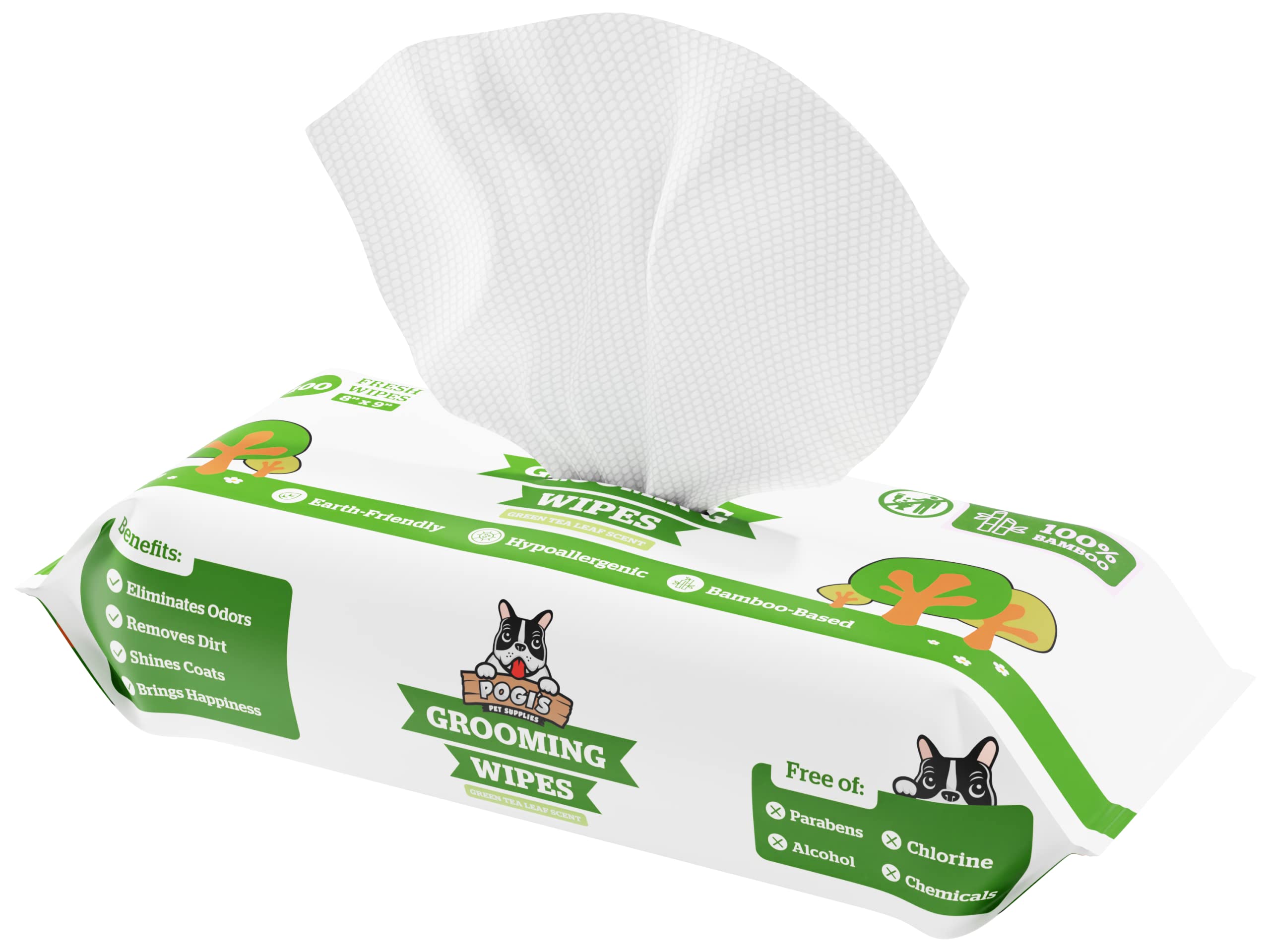Book Cover Pogi's Dog Grooming Wipes - 100 Dog Wipes for Cleaning and Deodorizing - Plant-Based, Hypoallergenic Pet Wipes for Dogs, Puppy Wipes - Quick Bath Dog Wipes for Paws, Butt, & Body - Green Tea Scented 100-Count Wipes Green Tea Leaf Scented