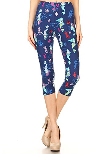 Women's Novelty Printed Cropped Capri Leggings for Regular Plus 3X5X (Women 2~24) - Mermaid Skulls Baseball
