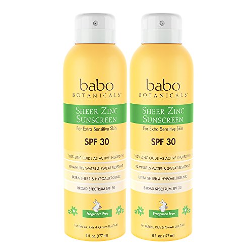 Babo Botanicals Sheer Zinc Continuous Spray Sunscreen SPF 30 with 100% Mineral Active, Non-Nano, For Babies, Kids or Sensitive Skin - 2 Pack 6 oz.