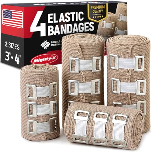 Book Cover Premium Elastic Bandage Wrap - 4 Pack + 4 Extra Clips - Durable Compression Bandage (2X - 3 inch, 4X - 4 inch Rolls) Stretches up to 15ft in Length