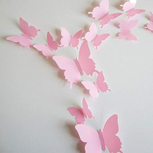 Book Cover 24pcs 3D Butterfly Removable Mural Stickers Wall Stickers Decal for Home and Room Decoration (Pink)