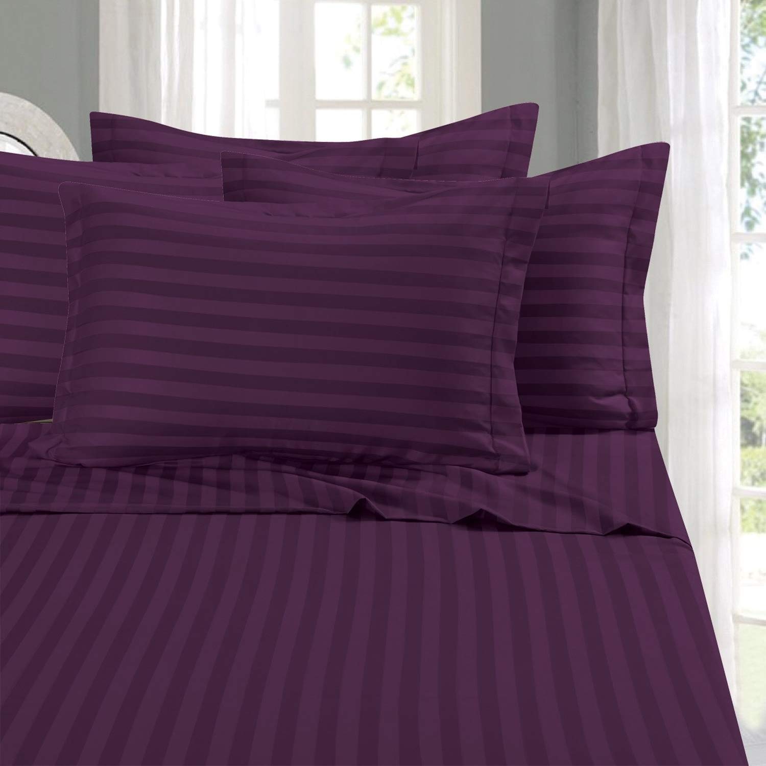 Book Cover Elegant Comfort Best, Softest, Coziest 6-Piece Sheet Sets! - 1500 Thread Count Egyptian Quality Luxurious Wrinkle Resistant 6-Piece Damask Stripe Bed Sheet Set, King Eggplant/Purple