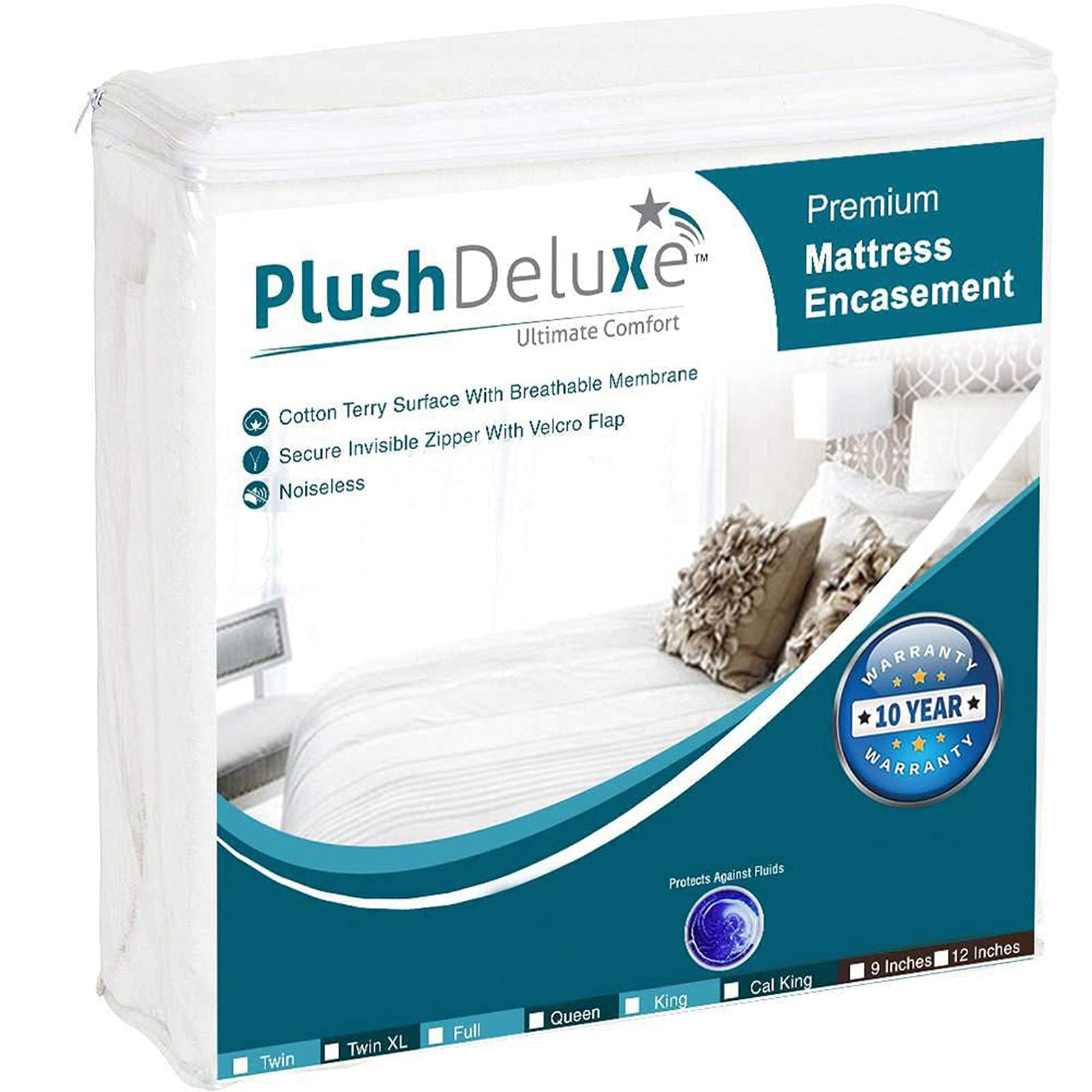 PlushDeluxe Premium Zippered Mattress Encasement, Waterproof, 6-Sided Protector Cover, Cotton Terry Surface Fits 12-15 Inches (Queen-12) 12"-15" Deep Queen