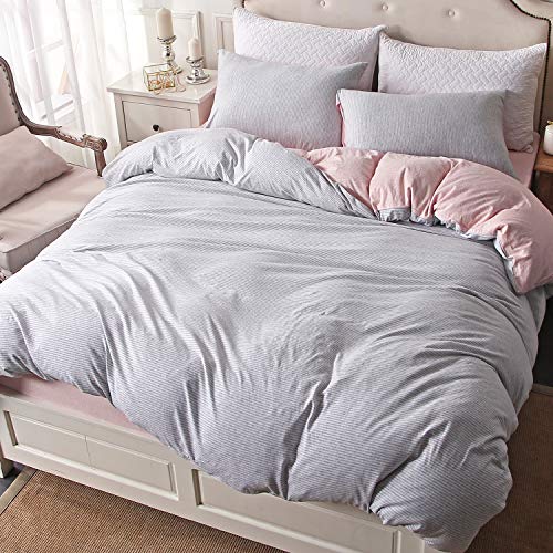 PURE ERA Duvet Cover Set Jersey Knit Cotton Super Soft Breathable Pinstripes Grey Pink Reversible Queen Size