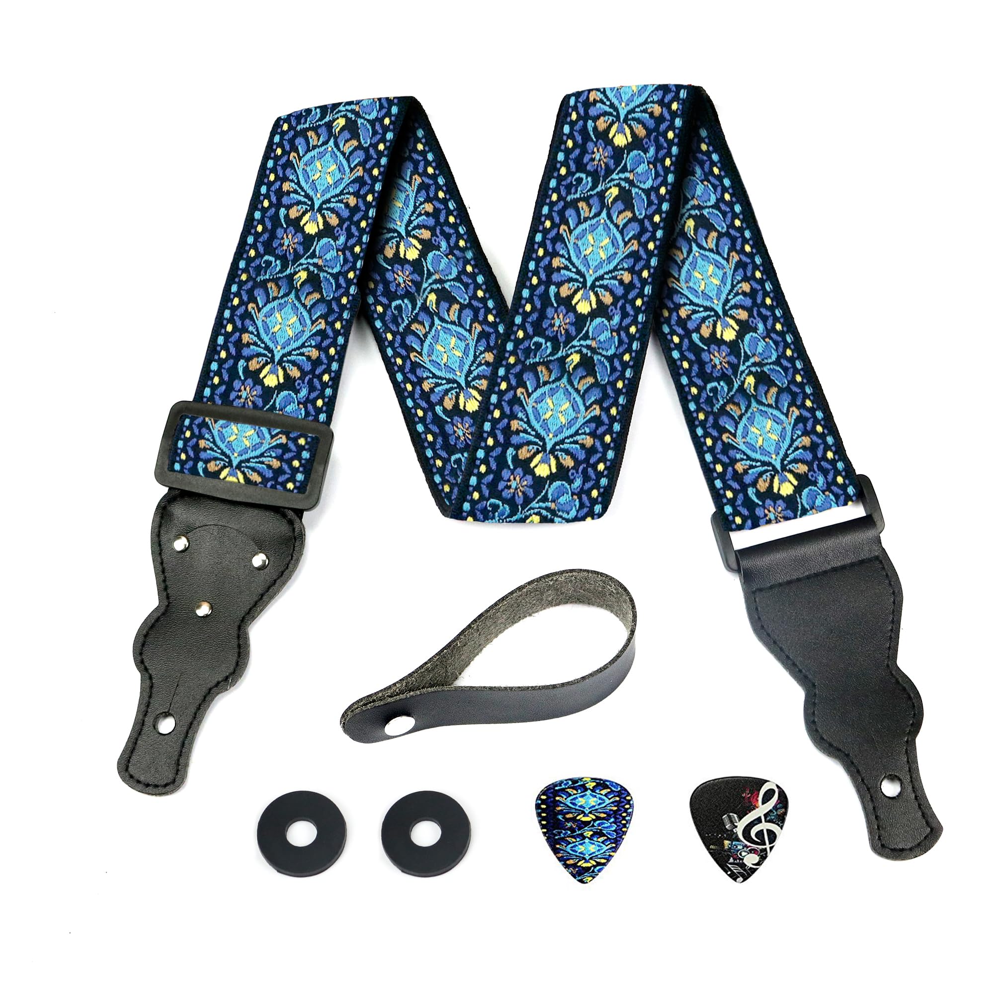 Hootenanny Guitar Strap, Jacquard Weave Embroidered Christmas Gift Strap Includes 2 Strap Locks & 2 Unique Picks. Adjustable Pick Pocket For Bass, Electric & Acoustic Guitar Stocking Stuffer Blue Woven