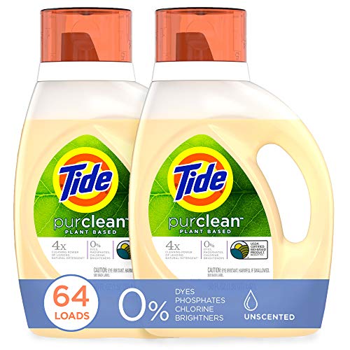 Book Cover Tide Purclean Plant-Based Laundry Detergent Liquid, Unscented, HE Compatible, Pack of 2, 64 Loads Total (Packaging May Vary)
