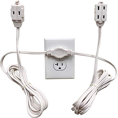 Twin Extension Cord Power Strip - 12 Foot Cord - 6 feet on Each Side - Flat Head (Wall Hugger) Outlet Plug - 6 Polarized Outlets with Safety Cover