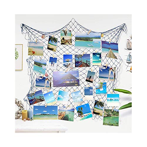 Ecjiuyi Photo Hanging Display Frames, Mediterranean Decorative Nautical Fish Net with Sea Shells and Clips for Dorm Home Wall Birthday Ocean Theme Party Decorations
