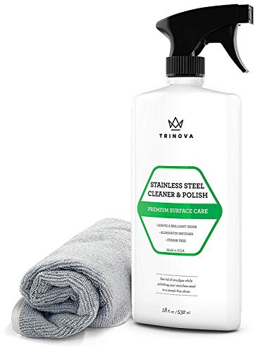 TriNova Premium Stainless Steel Cleaner and Polish - for Commercial Refrigerators with Microfiber Cleaning Cloth. Cleaning Spray for Appliances, Fridge, Microwave Oven, Kitchen. 18oz
