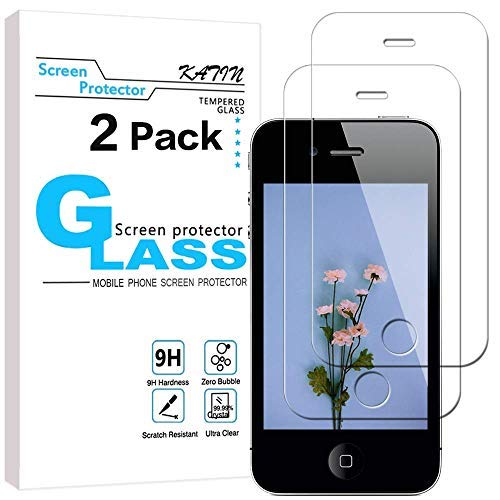KATIN iPhone 4 4S Screen Protector - [2-Pack] for Apple iPhone 4S / iPhone 4 Tempered Glass Easy to Install Bubble Free 9H Hardness with Lifetime Replacement Warranty