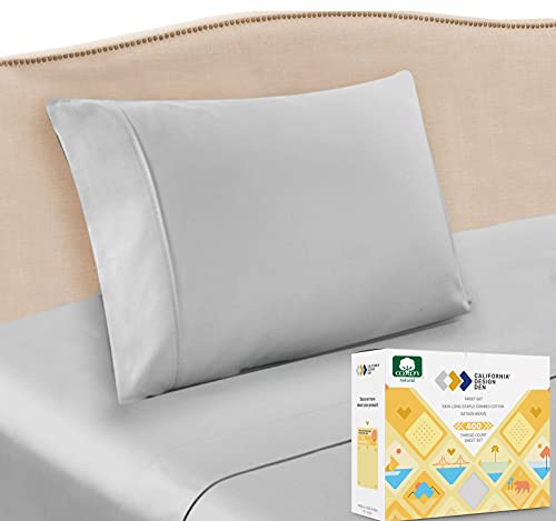 California Design Den 400 Thread Count 100% Cotton Sheets - Light Grey Cotton Twin Sheets, Fits Mattress 15'' Deep Pocket, Soft Sateen Weave Cotton 3-Piece Bedsheets and Pillowcases for Kids & Adult