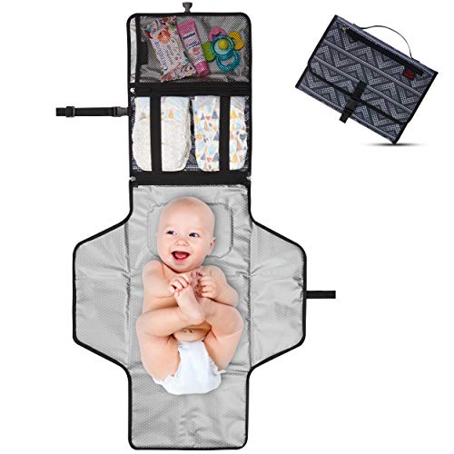 Book Cover Crystal Baby Smile - Portable Changing Pad - Diaper Clutch - Lightweight Travel Station Kit for Baby Diapering. Padded and Wipeable Mat - Mesh and Zippered Pockets - Baby Shower Gifts - Gray Dots