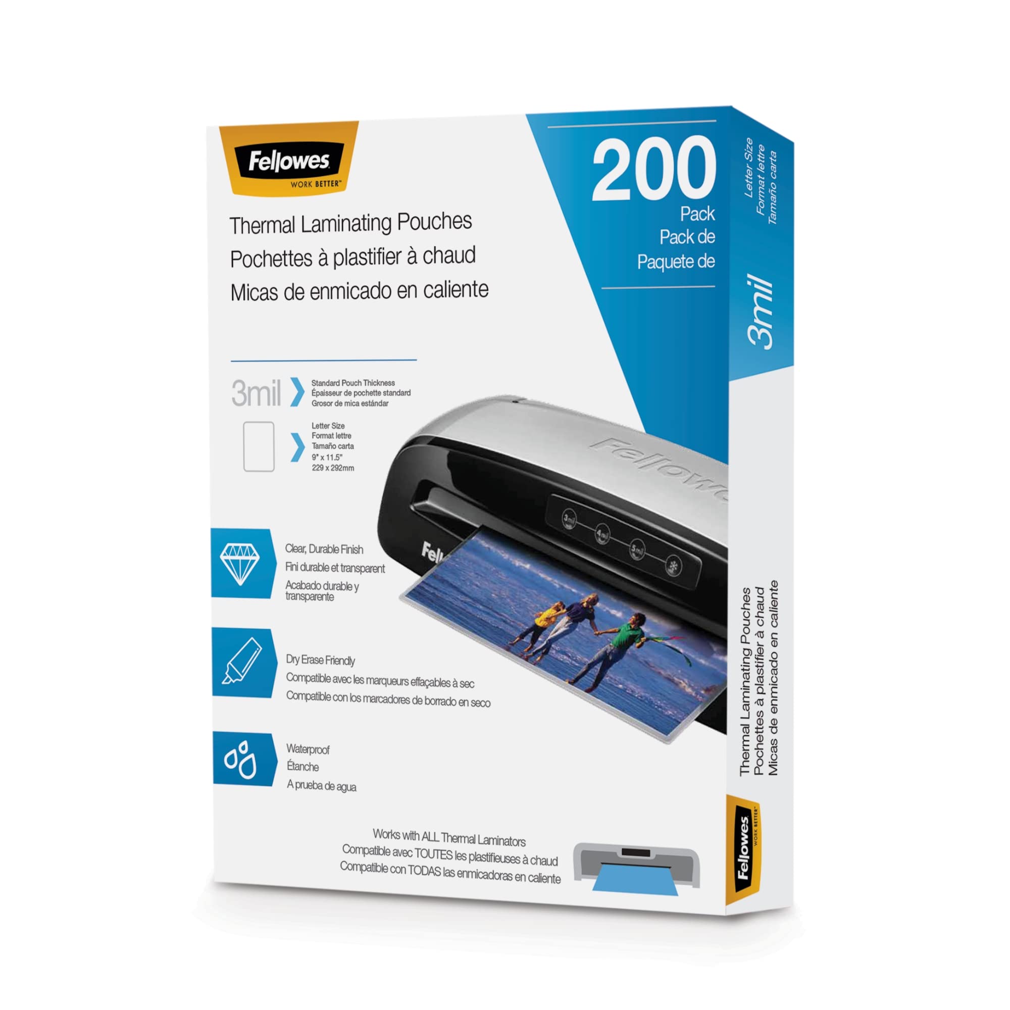 Fellowes Thermal Laminating Pouches, 3mil Letter Size Sheets, 9 x 11.5, 200 Pack, Clear (5743401)