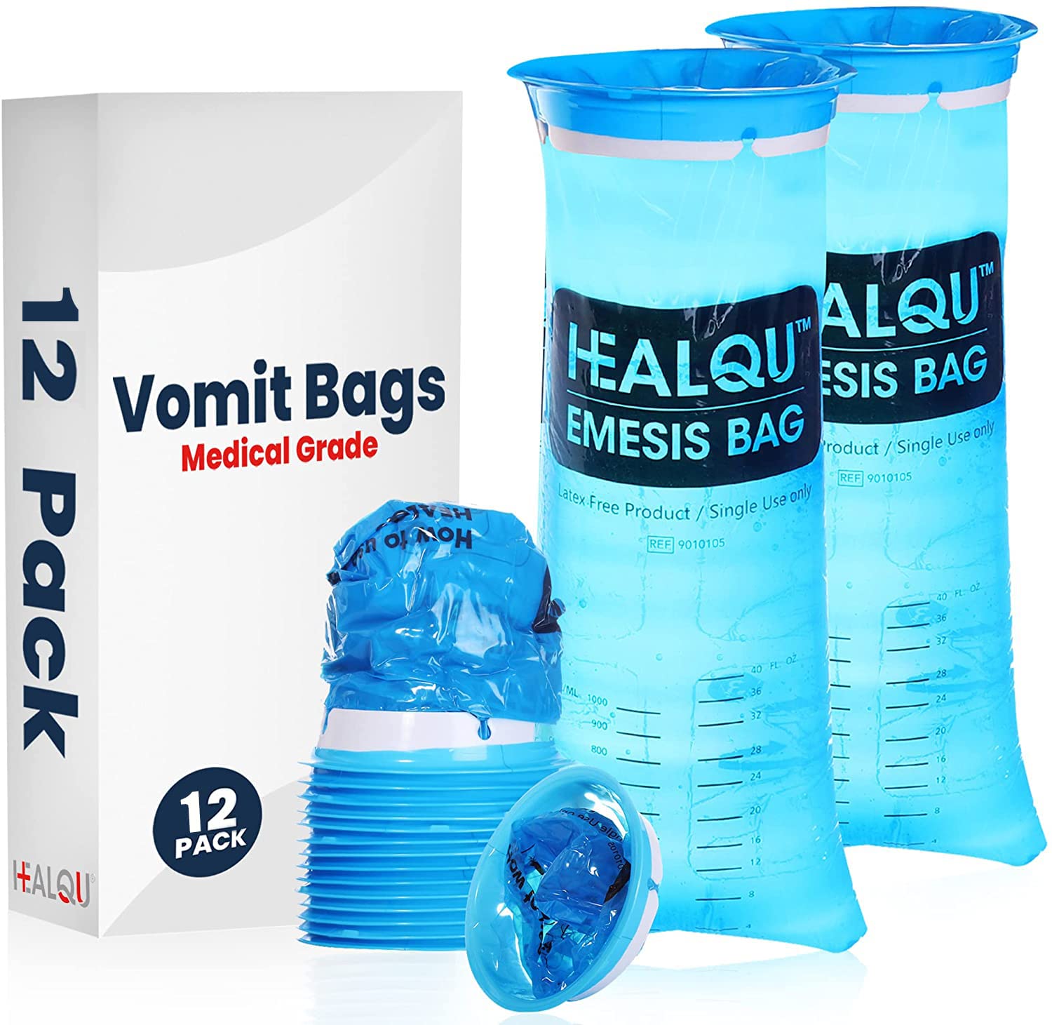 Healqu Hospital Vomit Bags - 12 Pack 1000ml Car Throw Up Bag - for Airsick Travel & Motion Sickness - Leak Resistant Puke Bag - Disposable Barf Bags Throw Up, Nausea 12 Count (Pack of 1)