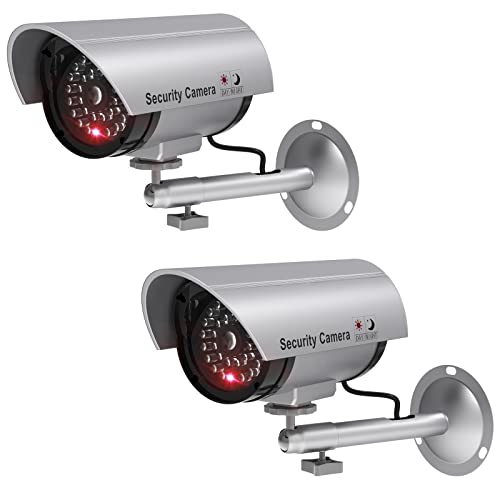 Book Cover WALI TC-S2 Bullet Dummy Fake Surveillance Security CCTV Dome Camera Indoor Outdoor with One LED Light, Security Alert Sticker Decals, 2 Packs, Silver