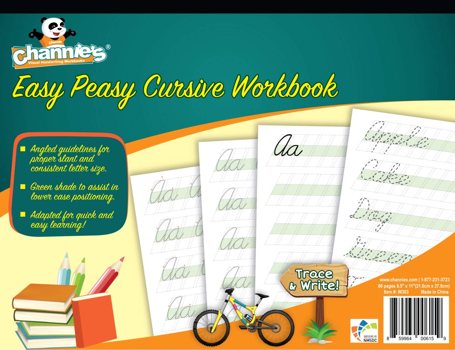 Book Cover Channie’s Easy Peasy Cursive Handwriting Workbook for Kids, Tracing & Cursive Writing Practice Book, 80 Pages Front & Back, 40 Sheets, Grades 1st – 3rd, Size 8.5” x 11”