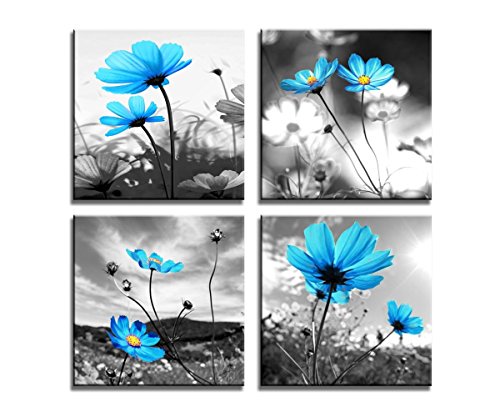 Book Cover HLJ Arts Modern Salon Theme Black and White Peacock Blue Vase Flower Abstract Painting Still Life Canvas Wall Art for Home Decor 12x12inches 4pcs/set (Blue, 12x12inchesx4pcs (30x30cmx4pcs))