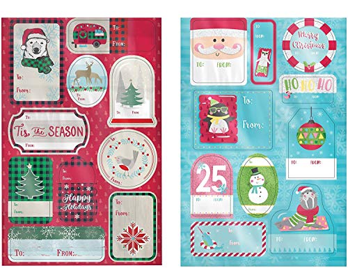 Jumbo Self Adhesive Christmas Gift Tag Stickers Label 60 Count Modern Red, White, Silver, and Gold Xmas Designs - Easy To Use - Looks Great on Gifts Presents, Wrapping Paper and Gift Bags.