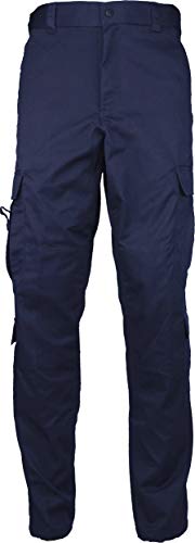 ARMYU Uniform 9 Pocket Cargo Pants, Poly Cotton Work Utility Safety Pants for EMT EMS Police Security + Pin - Blue - Large