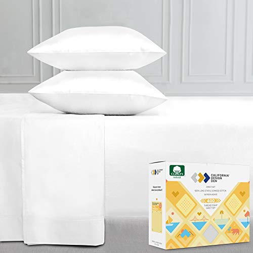 Book Cover California Design Den 400-Thread-Count California-King Sheets and Pillowcases Set, Pure White 100% Cotton, 4 Piece Bed Sheet for Bed, Silky Sateen Weave, Breathable Bedding Set