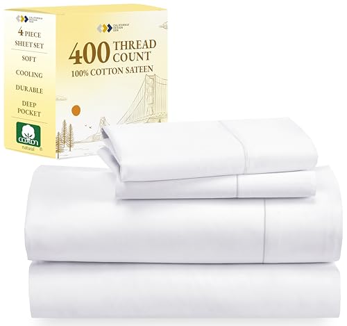 Book Cover California Design Den 400-Thread-Count Full Size Bed Sheets on Amazon, Pure White - 4 Piece Set, Pure Natural 100% Cotton Sheets - Soft & Silky Sateen Weave Bedding Set