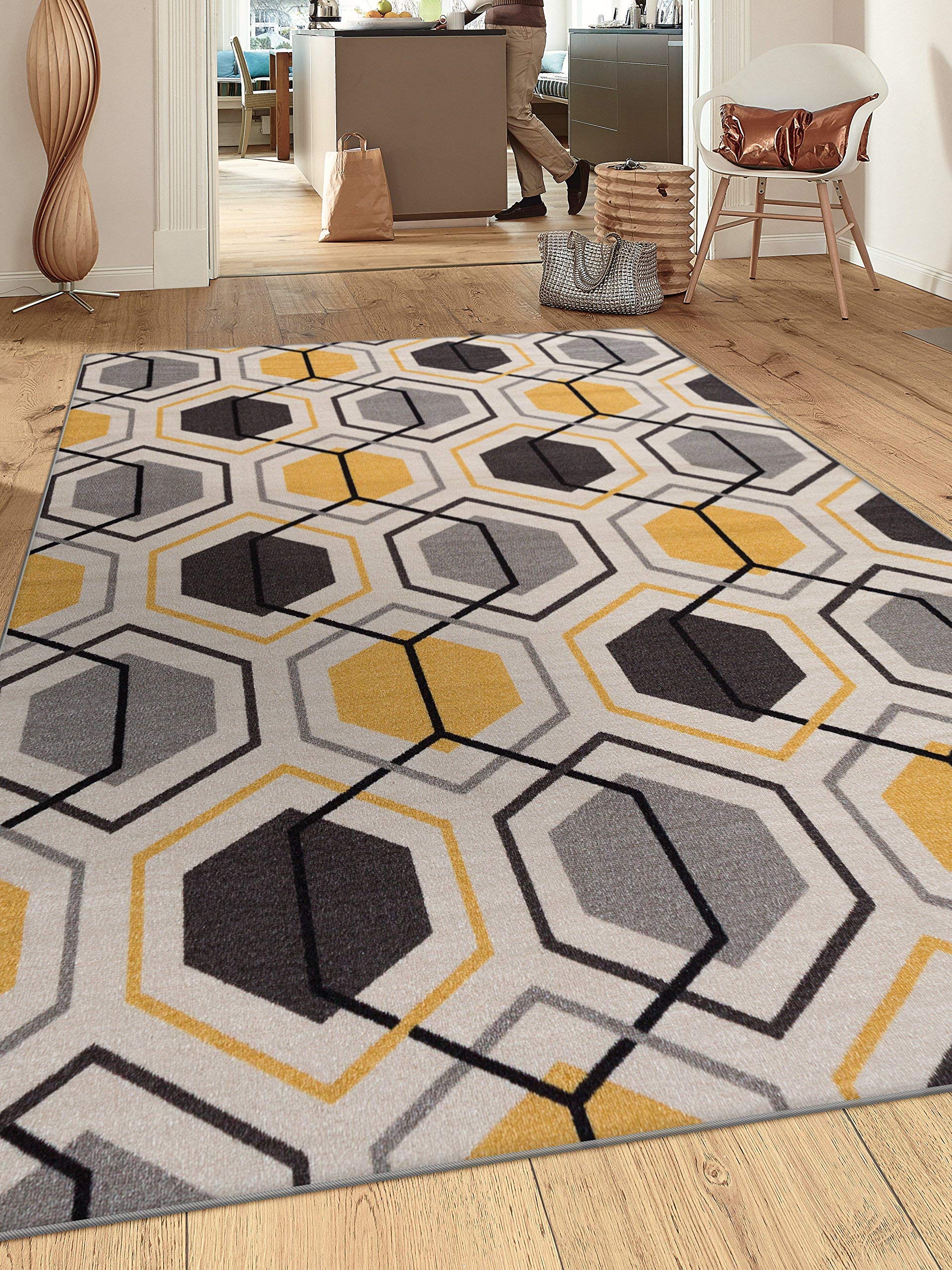Rugshop Contemporary Geometric Stripe Carpet Easy Cleaning for Living Room,Bedroom,Home Office,Kitchen Non-Slip (Non-Skid) Area Rug 8 x 10 (7' 10" x 10') Yellow Yellow 7' 10" x 10'