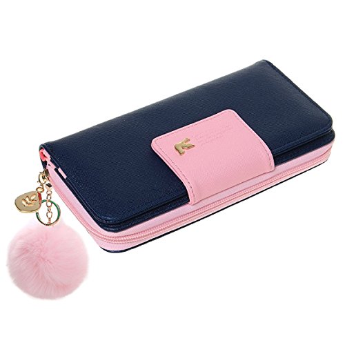 Wallet-NEWANIMA Women Lady Multi-card Two Fold Long Zipper Clutch Purse Handbag With Keychain (Darkblue)